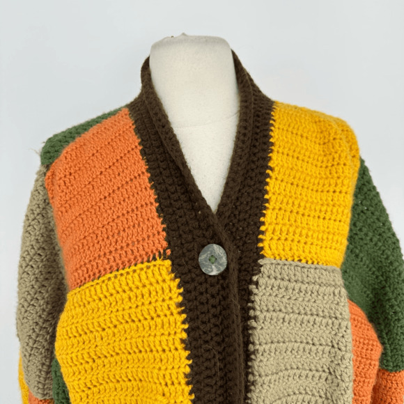 Chunky Cardigan Harry Styles Pattern Patchwork Knit Colour Block XL Boho Hippie - Picture 7 of 9